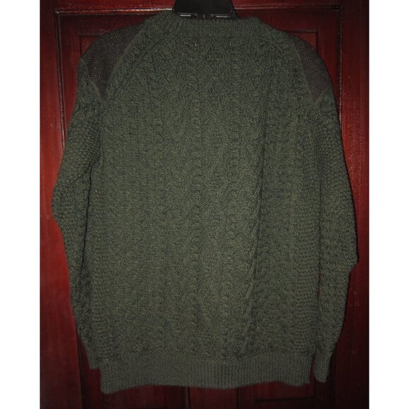 Aran Crafts VTG M Cable Knit Sweater Merino Wool Pockets Patches Green Ireland - Picture 2 of 6